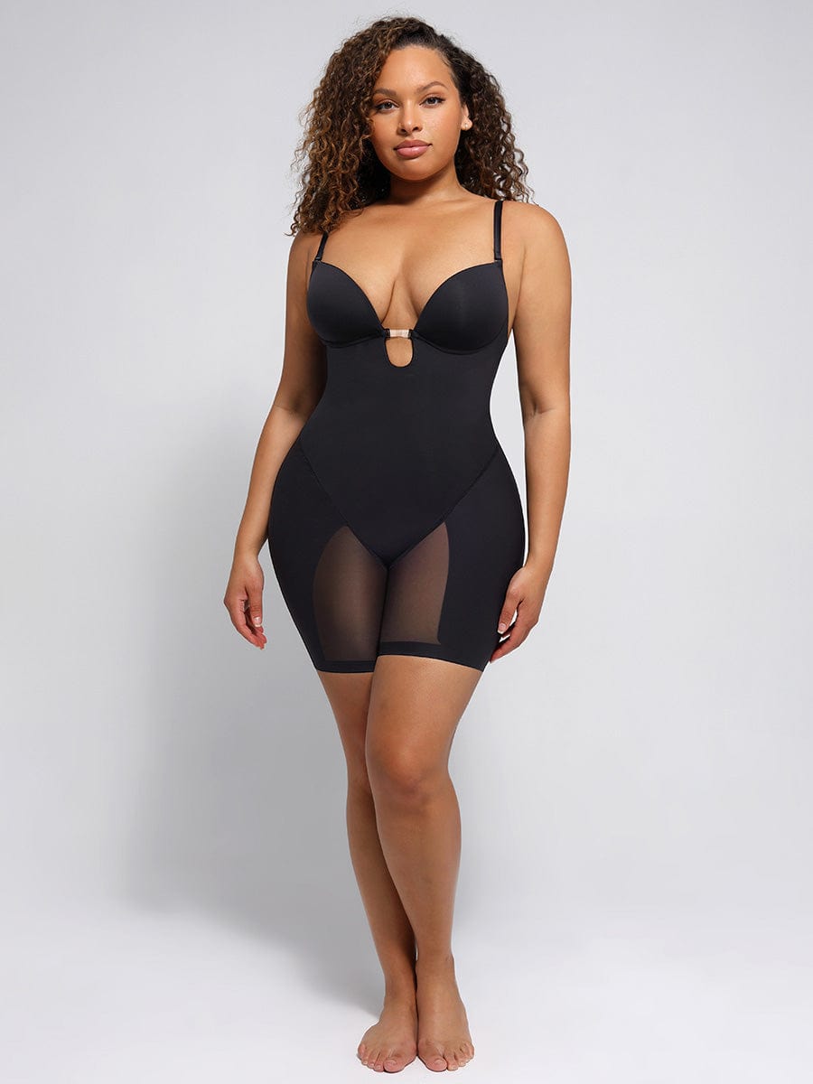 Wholesale Plunge Low-Back Mid-Thigh Shapewear With Removable Hip Pads