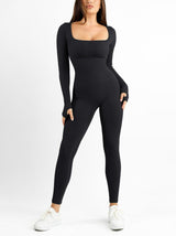 Wholesale Seamless Thumb Hole Square Neck Long Sleeve Jumpsuit